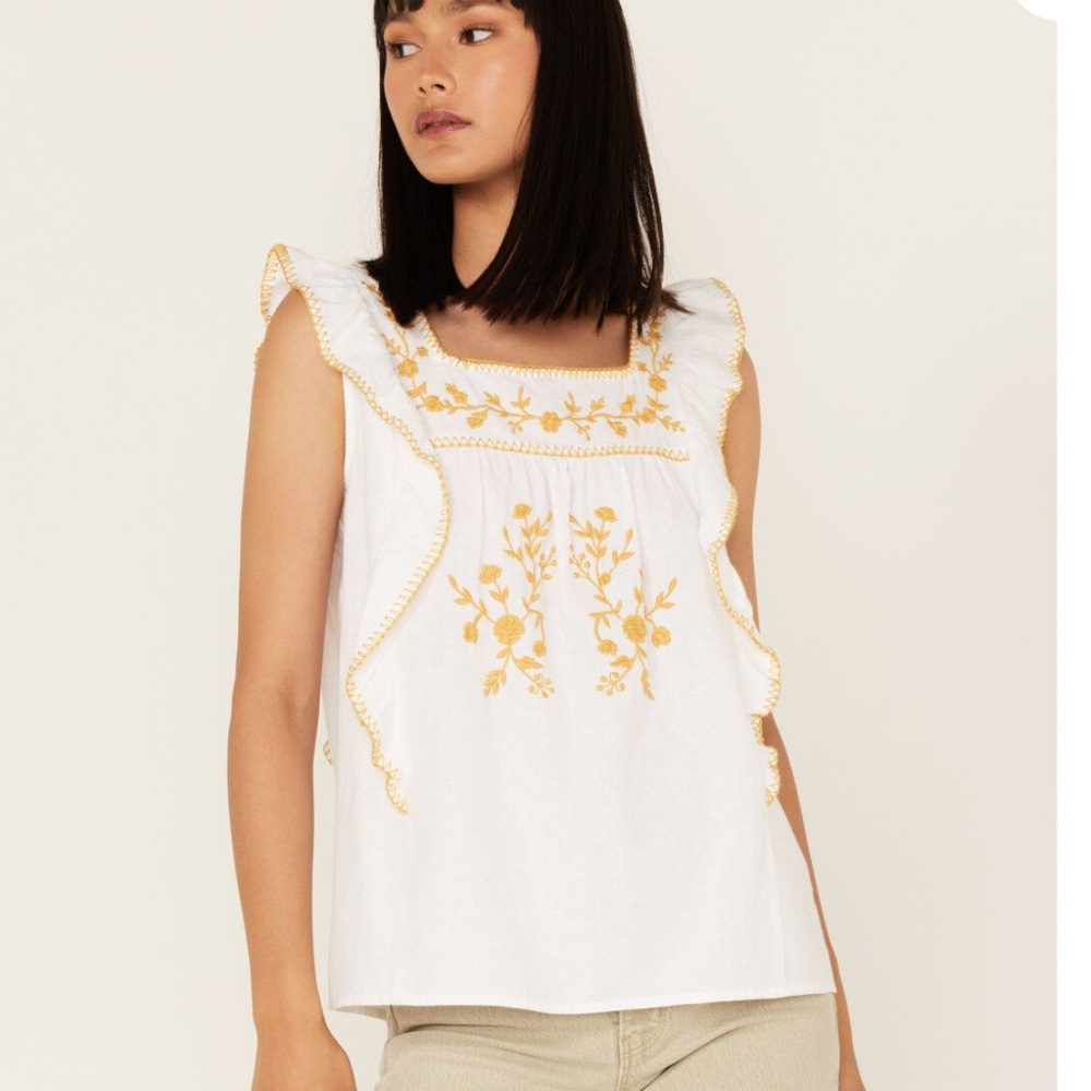 Cotton & Rye Women's White and Yellow Embroidered Ruffled Top